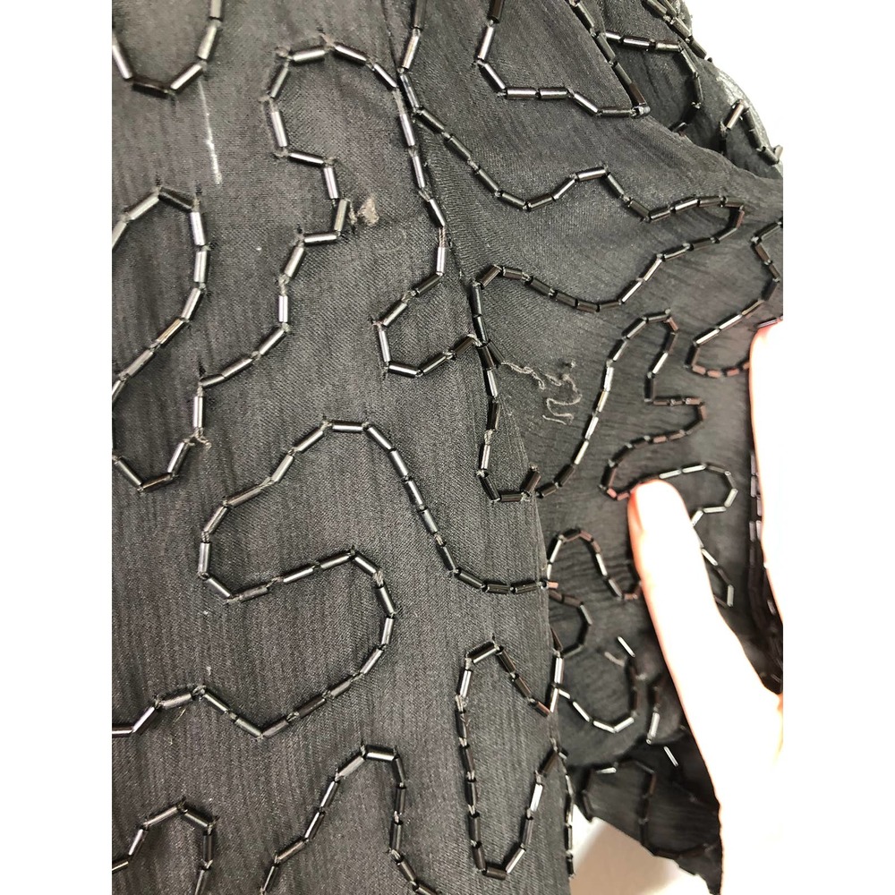 Laurence Kazar Vintage Short Sleeve silk top, Beaded, Black & Silver, Sz L - Picture 10 of 11